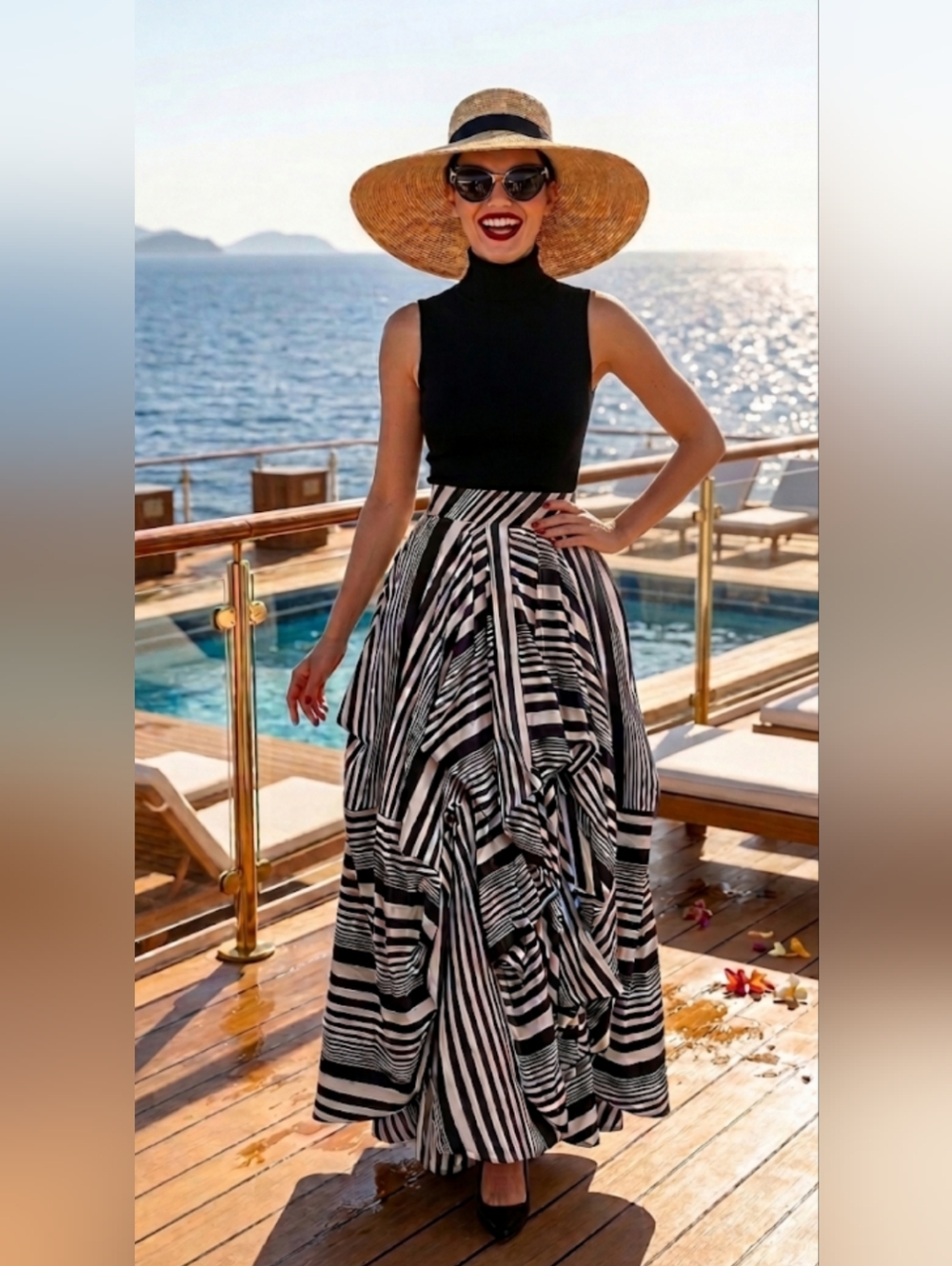 TOVHOLY Striped Layered Full Ruffle Skirt Women's Size 44 NWT